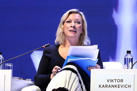 Maria Zakharova, Director of the Information and Press Department of the Ministry of Foreign Affairs of the Russian Federation seen during the plenary session "The gas market 2025-2035: new outlines in the context of transformation" on the St. Petersburg International Gas Forum, which is taking place at the Expoforum.