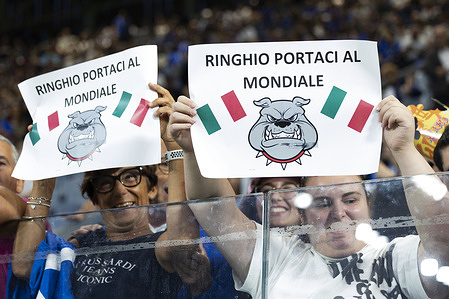 Fans cheer during the Italian Serie A soccer match between Italy and Estonia at the New Balance Stadium.
