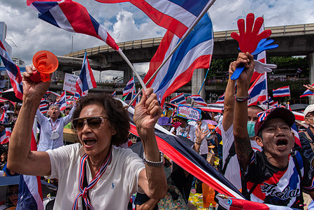 Protesters seen chanting slogans and waving Thailand national flags during the demonstration. Anti-government protesters gathered at the Victory monument in Bangkok demanding the resignation of Thailand's prime minister Paetongtarn Shinawatra after the leaked phone call of her with former Cambodian Prime Minister Hun Sen regarding a political crisis that has threatened the confidence in her leadership.