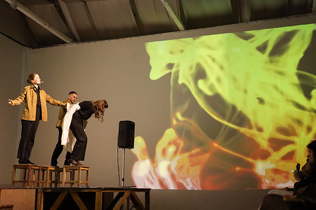Actors from the V. Vasilko Odessa Academic Music and Drama Theater seen during the performance of "Secrets" at the Vera Kholodnaya Art Center. The Vera Kholodnaya Art Center hosted the theatrical performance "Secrets." Actors and actresses from the Ukrainian theater, the V. Vasylko Odessa Academic Music and Drama Theater, presented the love story and life of Nina Strokata and Svyatoslav Karavansky. Both were members of the dissident movement in the USSR and co-founders of leading human rights activists in Odessa during the Soviet period. At the end of 2025, streets in Odessa were renamed in their honor as part of the declonization and fight against the Soviet legacy.