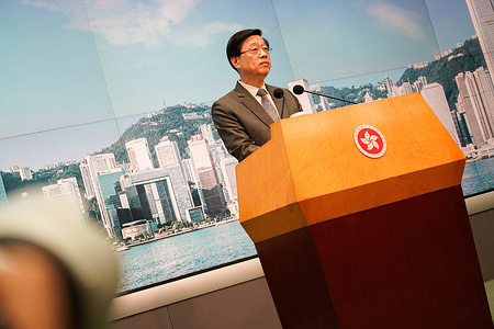 John Lee (Lee Ka-Chiu) speaks during the media session. Chief Executive of Hong Kong, John Lee (Lee Ka-Chiu), meets with media and journalists before the Executive Council meeting on July 11th. John Lee talks about the upcoming Chief Executive's Policy Address during the media session.