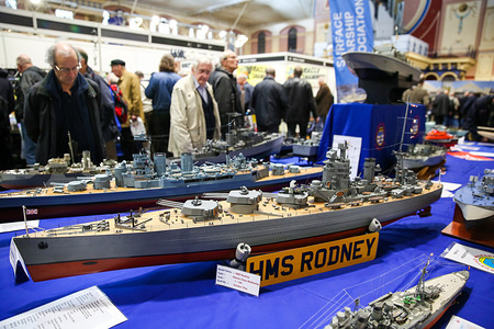 Miniature battle ship models displayed during the exhibition at Alexandra Palace in north London.
At the London Model Engineering Exhibition, over 50 clubs and societies showcases over 2,000 traditional model engineering, steam locomotives and traction engines through to the more modern gadgets including trucks, boats, aeroplanes, helicopters and robots.