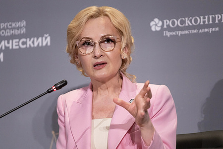 Russian politician, lawyer, and Deputy Chairman of the State Duma of the Federal Assembly of the Russian Federation, Irina Yarovaya, participates in the session "The Role of Artificial Intelligence in Countering the Propaganda of Radical, Extremist and Terrorist Activities" during the first day of the St. Petersburg International Legal Forum. The St. Petersburg International Legal Forum is the largest platform for dialogue between representatives of the legal, business, political, and law enforcement communities on issues of law in the interests of citizens, business, improving law enforcement practice, promoting legislative initiatives to develop legal culture and regulate the socio-economic sphere in modern conditions.