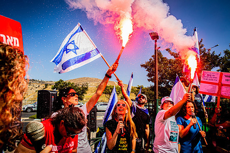 Protesters light torches during an anti-racist, anti-homophobia and pro-woman demonstration in Jerusalem. Over 100 protesters gathered to demonstrate against racism, homophobia and misogyny outside Har Hamor Yeshiva in Jerusalem. The Yeshiva represents some of the most radical forms of Orthodoxy in Israel and is known for its large following among extremist settlers,. The demonstration there is a sign that the protest movement against judicial reform is also addressing the occupation and settlers.