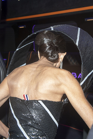 Demi Moore wearing Thom Browne departs the Pierre Hotel for 2025 Met Gala in New York City.