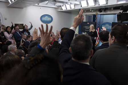 White House Press Secretary Karoline Leavitt speaks during a news briefing in the James S. Brady Press Briefing Room at the White House. Leavitt addressed reporters on a range of topics as a partial government shutdown paused funding for the Department of Homeland Security.