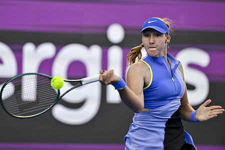 Mirra Andreeva of Russia plays against Victoria Mboko of Canada (not in view) during their round of 16 match at the WTA Qatar TotalEnergies Open 2026 tennis tournament at the Khalifa International Tennis Complex. Victoria Mboko won against Mirra Andreeva 6-3,3-6,7-6  