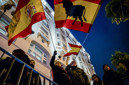 Protesters wave Spanish flags during the demonstration. A rally in Madrid's Neptune Square, organized by far-right groups to protest and demand the resignation of the government led by Socialist Prime Minister Pedro Sánchez, whom they accuse of heading a "corrupt and criminal" government.