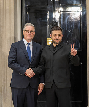 President Volodymyr Zelensky of Ukraine and Prime Minister Keir Starmer seen at the door of 10 Downing Street. Leaders of Ukraine, France and Germany met with UK Prime Minister Keir Starmer at 10 Downing Street, London, for talks on continued Western support and solidarity for Ukraine amid the ongoing conflict with Russia.