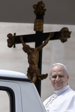 Pope Leo XIV leaves at the end of his weekly general audience in St. Peter's square at the Vatican.