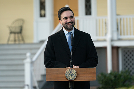 New York City Mayor Zohran Mamdani holds his first news conference at Gracie Mansion, in Manhattan, New York, USA on Monday, January 12, 2026. Mayor Mamdani would leave his apartment in Astoria and move into the official mayoral residence with his wife, Rama Duwaji.