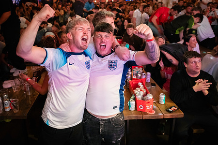 Fans react to England during the Euro 2024 Final match at Freight Island. Thousands of supporters fill fan zones across the country to watch the big game, which sees England take on Spain. Spain defeated England 2-1 in the Euro 2024 final.