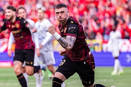 Sebastian Bergier of Widzew celebrates a goal during the Polish PKO BP Ekstraklasa League match between Widzew Lodz and Bruk-Bet Termalica Nieciecza at Widzew Lodz Municipal Stadium. Final score; Widzew Lodz 1:0 Bruk-Bet Termalica Nieciecza.
