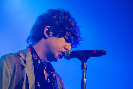 Luke Pritchard, lead singer of the UK rock band The Kooks seen performing on stage the first of their 3 sold out nights in Dublin's Olympia Theatre.