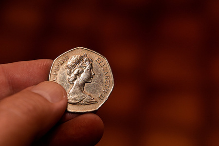 View of a 50p Queen Elizabeth II coin. Queen Elizabeth II, born April 21, 1926 in London died September 8, 2022 at Balmoral Castle in Scotland.
