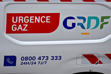 A Gaz Réseau Distribution France (GRDF) emergency vehicle is seen on site due to a gas leak. The emergency technical service of Gaz Réseau Distribution France (GRDF) intervenes on a gas leak in an old building located in the L'Estaque district in Marseille.