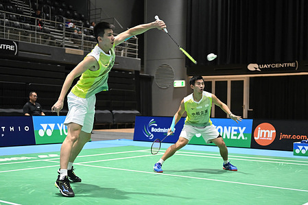 Ye Hong Wei (L) and Su Ching Heng (R) of Chinese Taipei are seen in action during the 2022 SATHIO GROUP Australian Badminton Open Round of 32 Men's Double match against Lee Yang and Wang Chi-Lin of Chinese Taipei. Lee and Wang won the match, 22-20, 21-17.