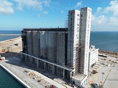 (EDITORS NOTE: Image taken with a drone) 
The aerial view of Misrata Free Zone's grain silos has undergone its first maintenance since its construction in the mid-seventies. Twelve grain silos with a total storage capacity of 40,000 tons are located in the Free Zone and Misrata port.
