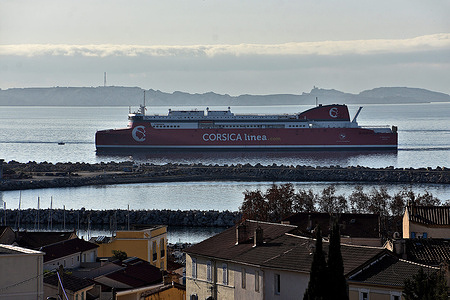 The liner A Galeotta passenger ship arrives at the French Mediterranean port of Marseille after a sea trial. Equipped with a mixed propulsion, fuel oil and liquefied natural gas (LNG), it will make its first crossing between Marseille and Ajaccio on January 8, 2023.