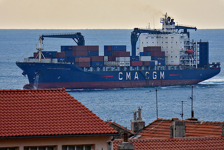The container ship Fort Saint Louis of the company CMA CGM arrives at the French Mediterranean port of Marseille.