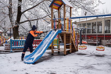 A worker seen clearing snow off a kid's play area at a park. The expected snowfall in Ankara, the capital of Turkey, has arrived. The snowfall, which started as of last night, continued until the morning hours. The snow, which covered the city with white, produced beautiful scenes.
