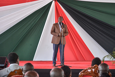Kenya’s President William Ruto speaks during an interdenominational prayer service at Nakuru Athletic Club. Despite winning and being sworn in as the fifth President of Kenya in 2022 General elections, Ruto’s leadership is being challenged by Raila Odinga who came second, through nationwide antigovernment rallies.