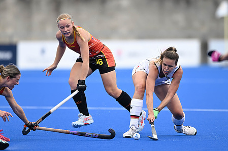 Courtney Schonell (L) of Australia Women's National Field Hockey Team and Anne Schröder (R) of Germany Women's National Field Hockey Team in action during the International Hockey Federation Pro League between Australia and Germany at Sydney Olympic Park Hockey Centre. Final Score; Australia 3:0 Germany.