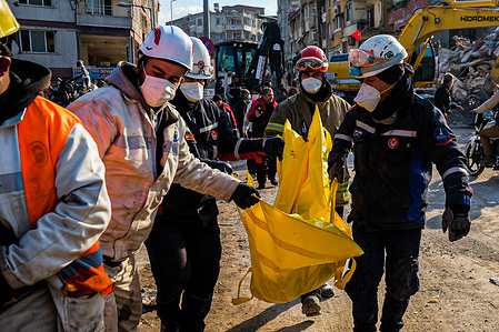 (EDITORS NOTE: Image depicts death)
Search and rescue teams carry the bodies of those killed by the earthquake wreckage. Turkey and Syria have experienced the most severe earthquakes to hit the region in almost a century. After a 7.8 magnitude earthquake in southeast Turkey, a second 7.7 magnitude earthquake occurred in northern Syria. It is reported that more than 34,000 people lost their lives due to the earthquakes, and the death toll continues to rise.