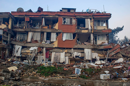 View of a destroyed residential building. Turkey and Syria have experienced the most severe earthquakes to hit the region in almost a century. After a 7.8 magnitude earthquake in southeast Turkey, a second 7.7 magnitude earthquake occurred in northern Syria. It is reported that more than 30,000 people lost their lives as a result of the earthquakes and the death toll continues to rise.