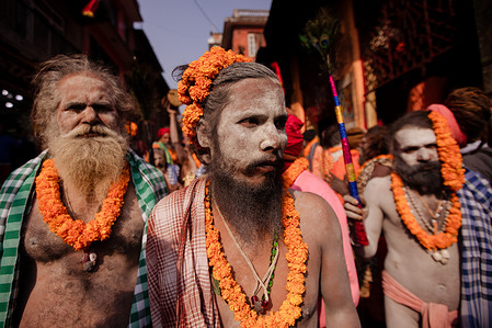 Group of Sadhu holy men take part in a religious rally to mark the Mahashivaratri festival ahead of the Shivaratri festival in Kathmandu. Hindu Devotees from Nepal and India come to this temple to take part in the Shivaratri festival which is one of the biggest Hindu festivals dedicated to Lord Shiva and celebrated by devotees all over the world.