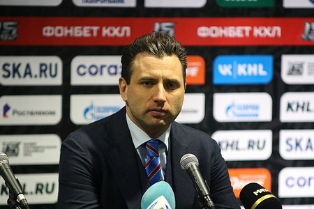 Roman Rotenberg, Head coach of the SKA hockey club, Head of the Staff of the Russian national ice hockey team speaks at a press conference after the match of the Kontinental Hockey League, regular season KHL 2022 - 2023 between SKA Saint Petersburg and Traktor Chelyabinsk at the Ice Sports Palace.
Final score; SKA Saint Petersburg 4:1 Traktor Chelyabinsk.
