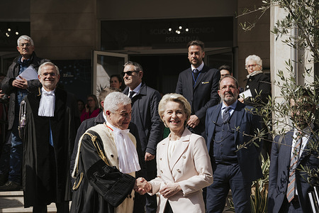 President von der Leyen (R) seen posing with Rector Massimo Midiri (L) during the event. Ursula von der Leyen, President of the European Commission attended the opening ceremony of the academic year at the University of Palermo (Università di Palermo, UNIPA), with an inaugural speech. The President was welcomed by Professor Massimo Midiri, Rector of UNIPA.
