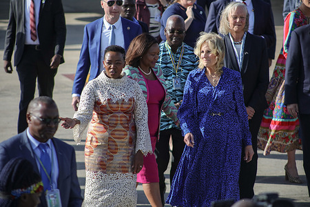 US First Lady Jill Biden (L) is welcomed by her host first lady of Kenya Rachel Ruto upon her arrival at the Jomo Kenyatta International Airport (JKIA) in Nairobi.