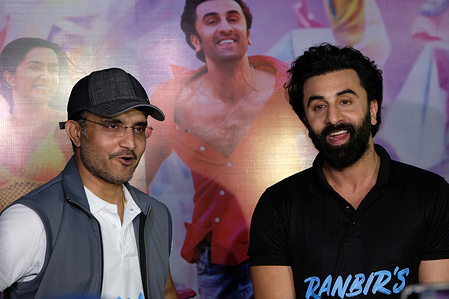 Former Indian cricket team caption Sourav Ganguly (left) and Bollywood actor Ranbir Kapoor (right) seen during a promotion event for the film "Tu Jhoothi Main Makkaar" at Eden Gardens.