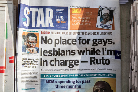 Newspapers from Kenya reporting on President William Ruto's denouncement of same-sex unions are displayed at a stand on Kenyatta Avenue in Nakuru Town. Kenya's Supreme Court on February 24, 2023 ruled that lesbian, gay, bisexual, transgender and queer (LGBTQ) community have a right to form a Lobby Group. President William Ruto deferred with the ruling saying Kenyan culture and religion does not allow same-sex marriages and that same-sex marriages remain illegal.