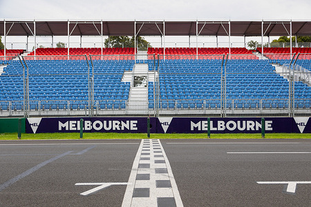 The start/finish line during preparations for the 2023 Australian Grand Prix at the Albert Park Grand Prix circuit.