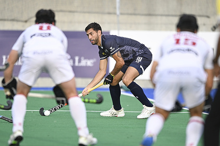 Santiago Tarazona of Argentina Men's National field hockey team seen in action during the 2022/23 International Hockey Federation (FIH) Men's Pro-League match between Spain and Argentina held at the Tasmanian Hockey Centre. Final score Argentina 1:0 Spain.