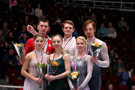 Anastasia Mishina, Alexander Gallyamov (L) Alexandra Boikova, Dmitry Kozlovsky (C), Evgenia Tarasova and Vladimir Morozov (R) seen at the award ceremony of Pair skating in figure skating, in the Final of the Russian Grand Prix in Figure Skating 2023, which took place in St. Petersburg, in the sports complex "Jubilee".