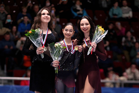 Elizaveta Tuktamysheva (R), Adeliya Petrosyan (C), Kamila Valieva (L) at the Award Ceremony for women in figure skating, in the Final of the Grand Prix of Russia in Figure Skating 2023, which took place in St. Petersburg, in the sports complex "Jubilee".