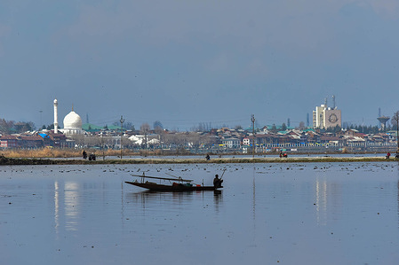 A boatman rows his boat with a view of the Hazratbal Shrine (L) and Kashmir University building (R) in the backdrop during a normal day in Srinagar.