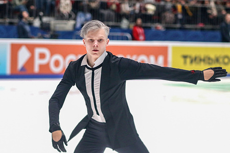 Evgeni Semenenko performs during the Finals of the Russian Grand Prix of Figure Skating 2023 for Men category, which took place in St. Petersburg, in the sports complex "Jubilee.