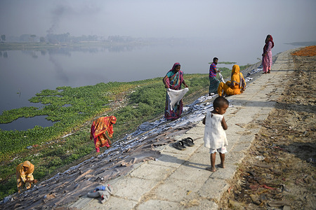 Laborers seen arranging leather hides on the ground for drying at a tannery factory on the bank of the polluted river Dhaleswari at Saver outskirt of Dhaka. The Leather industry is a major industry in Bangladesh and the Government declared it a priority sector. And is the second-largest export sector and also plays a good role in creating employment. Human Right Watch, reported that it is responsible for air pollution, water and soil that led to serious health problems in the population. As a result, The pollution of the Dhaleswari river has become serious due to the liquid waste discharged from the tannery industries. The natural color of the water has been lost.