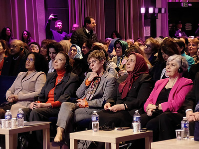 (L-R) Latifa Aït Baala, Dominique Attias, Annegret Kramp-Karrenbauer, Sarvnaz Chitsaz, and Linda Chavez, listen to the speakers during an Iranian Resistance-hosted conference. Renowned female leaders from Europe and the US attended the conference. The focus was on the leading role of women in the Iranian people's revolution and their struggle against Iran's misogynistic regime. The keynote speaker was Maryam Rajavi, president-elect of the National Council of Resistance of Iran.