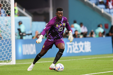 Andre Onana of Cameroon in action during the FIFA World Cup Qatar 2022 match between Switzerland and Cameroon at Al Janoub Stadium. Final score: Switzerland 1:0 Cameroon.