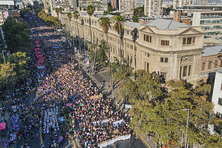 (EDITOR'S NOTE: Image taken with a drone)
Protesters march through the streets during the demonstration. Thousands of women took the main streets of Santiago, Chile, under the slogan "the feminist strike is going." Women from all over the world demonstrated to demand their rights, demand gender equality, and wages, and denounce gender violence.