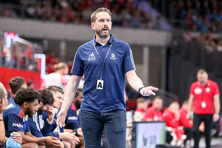 Coach Guillaume Gille seen during the 2nd phase of EHF 2024 qualification match between Poland and France at Ergo Arena. (Final score; Poland 28:38 France).