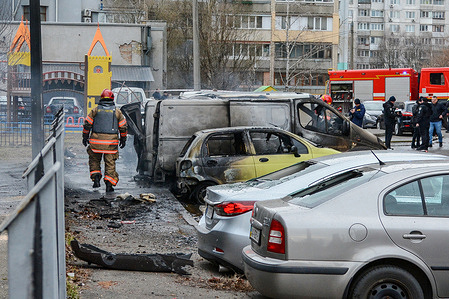 Firefighters put out cars that caught fire after explosions in the city of Kyiv. Many vehicles are seen damaged by the explosions. In the early hours of March 9, Russian troops launched a massive missile attack on critical infrastructure facilities, firing 81 missiles at various bases. It is claimed that of 48 Kh-101/Kh-555 cruise missiles launched by the Russians, the Caliber air defense forces of Ukraine destroyed 34.