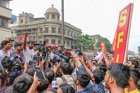 Activists of the Students' Federation of India (SFI), a leftist students' organization, shout slogans during the demonstration. Activists marched to the West Bengal Legislative Assembly building to protest against the National Education Policy (NEP) 2020 and demand the re-opening of the closed 8207 state-run schools.