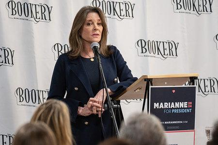 Marianne Williamson discusses her campaign platform with members of the public at Bookery Manchester in Manchester. A week after announcing her bid for the presidency, 2024 hopeful Democrat Marianne Williamson began campaigning in New Hampshire. On March 11, Williamson made three stops - in Concord, Laconia, and Manchester. Democrats in the state have criticized the party's recent decision to hold it's first primary in South Carolina, a move designed to reflect more diversity. For the past 50 years, the first Democratic primary has been held in New Hampshire.