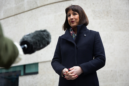 Shadow Chancellor and Labour MP Rachel Reeves being interviewed by the press at BBC Broadcasting House after appearing on ’Sunday Morning with Laura Kuenssberg’ in London.